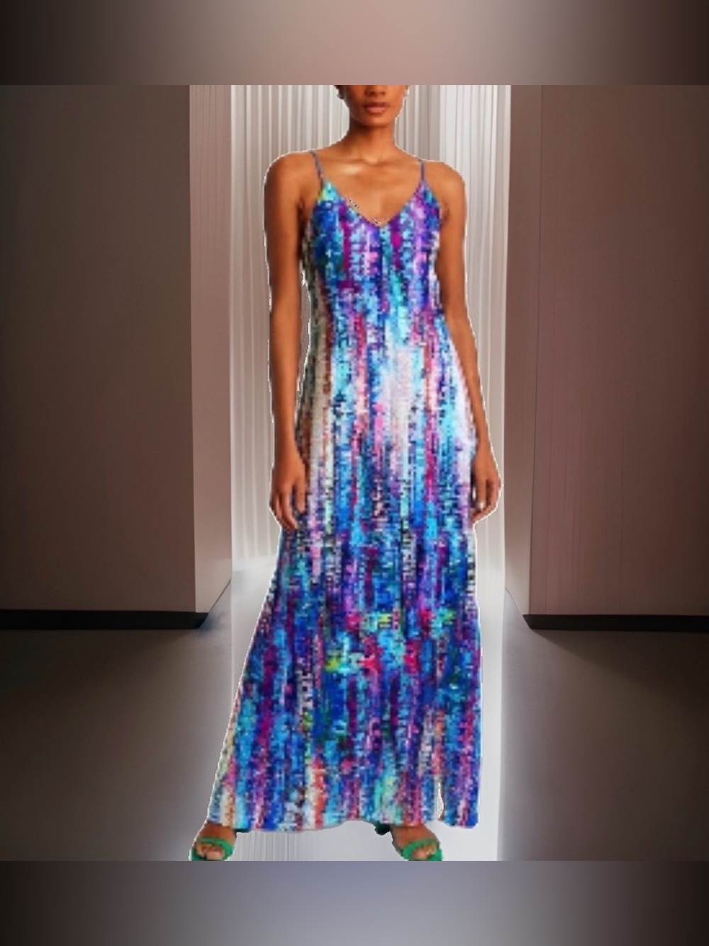 Nicole Miller Multicolor Abstract Watercolor Slip Dress w/V Neck & Razorback-XL